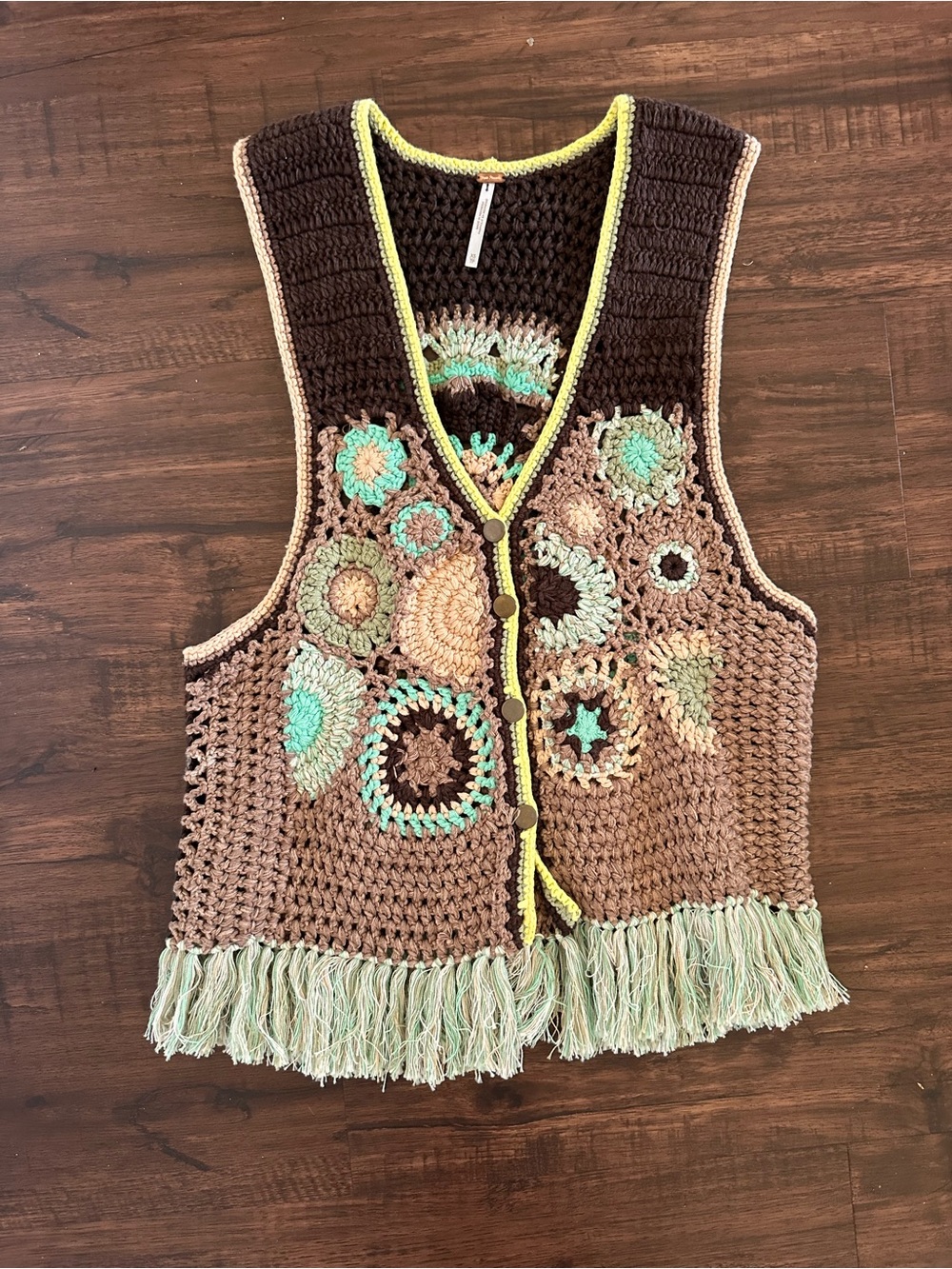 Free People Brown Crochet Fringe Vest with Mint & Cream Accents